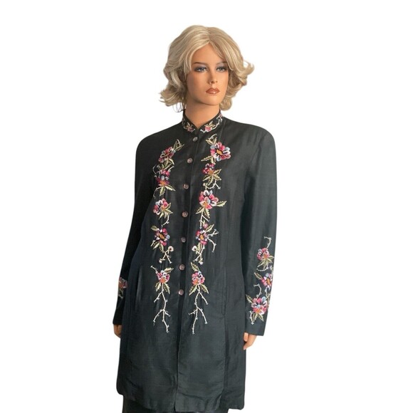 Vtg Embroidered Floral Jacket Blazer Silk Blend M Women’s Banded Collar Black - Picture 2 of 16